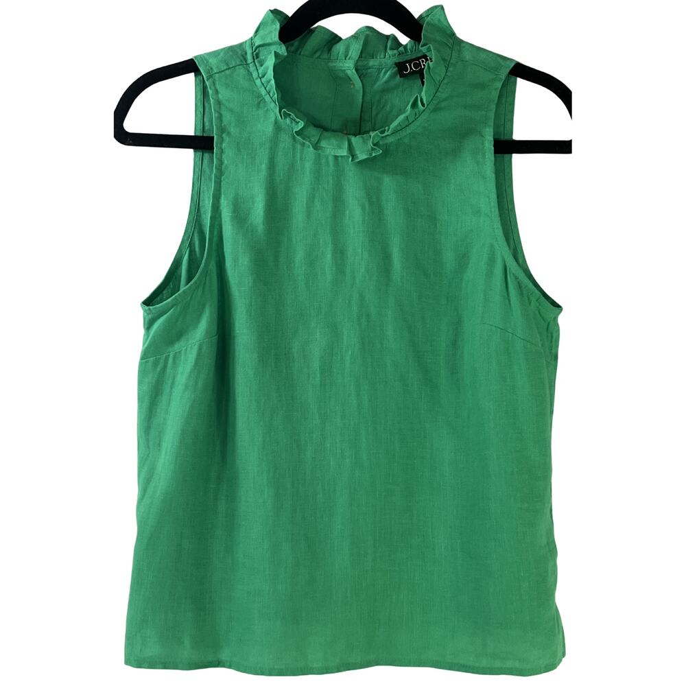 J. Crew Apple Green Linen Ruffle Neck Sleeveless Top Size XS